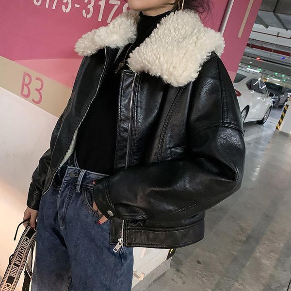 women's fur & faux 2021 autumn and winter korean version loose lamb collar pu leather motorcycle jacket women velvet thick parkas, Black
women's fur & faux 2021 autumn and winter korean version loose lamb collar pu leather motorcycle jacket women velvet thick parkas, Black