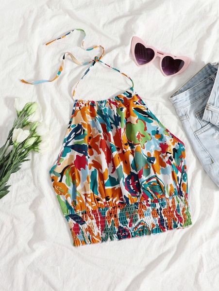 floral print tied backless shirred f2vc#, White
floral print tied backless shirred f2vc#, White