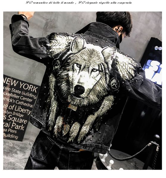 men's patch embroidered denim spring and autumn wolf personality trend wear broken street jacket, Black
men's patch embroidered denim spring and autumn wolf personality trend wear broken street jacket, Black