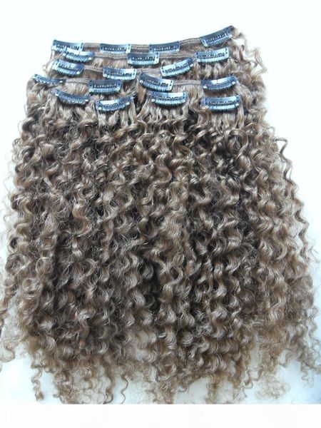 brazilian human virgin remy clip ins hair extensions kinky curls hair weft medum brown 4# color, Black;brown