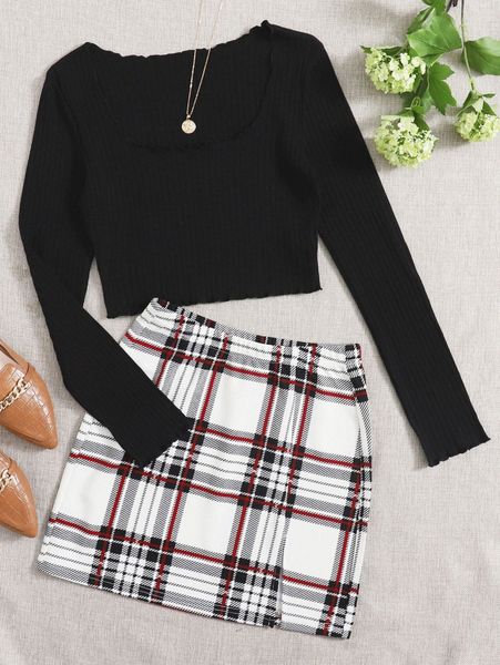 lettuce trim rib-knit tee & split hem plaid skirt set o42k#, White