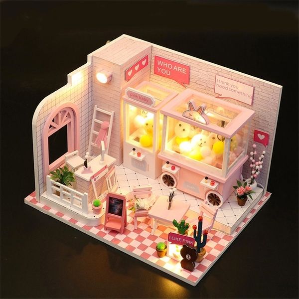 Doll Machine Wooden Doll House Furniture Kit Miniatures Diy Dollhouse Accessories Light Kids Home Toys Maison Poupee En Bois Y200413