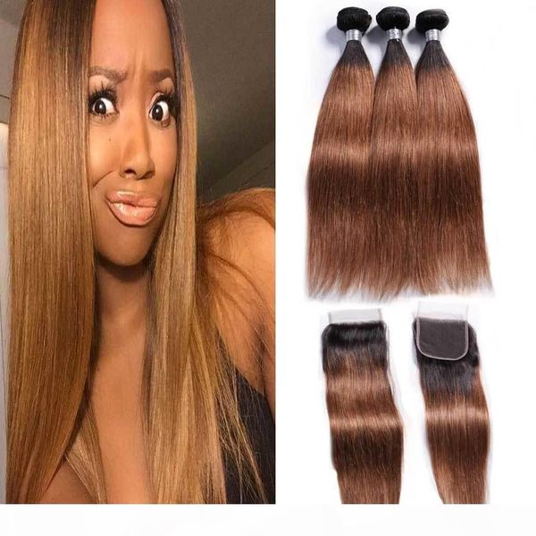 honey blonde ombre straight hair 3 4 bundles with closure remy 1b 30 ombre brazilian human hair weave bundles with lace closure, Black;brown