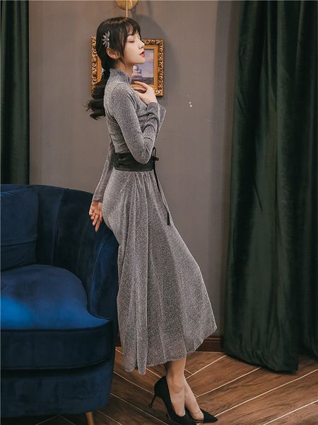 dressed long female 2021 vintage spring line silver tightneck party at night in full sleeve ladies up calf's mid-dress belt orl9, Black;gray
dressed long female 2021 vintage spring line silver tightneck party at night in full sleeve ladies up calf's mid-dress belt orl9, Black;gray