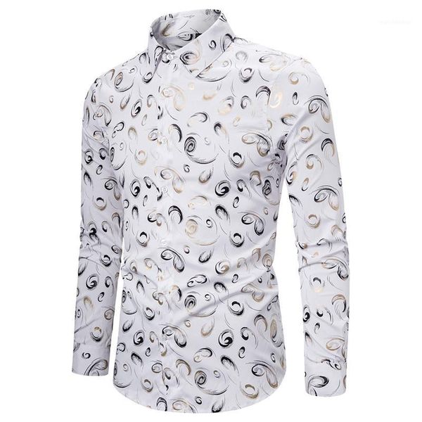 white floral bronzing shirt men 2020 brand slim fit mens casual button down dress shirts long sleeve wedding tuxedo shirt male1, White;black 
white floral bronzing shirt men 2020 brand slim fit mens casual button down dress shirts long sleeve wedding tuxedo shirt male1, White;black