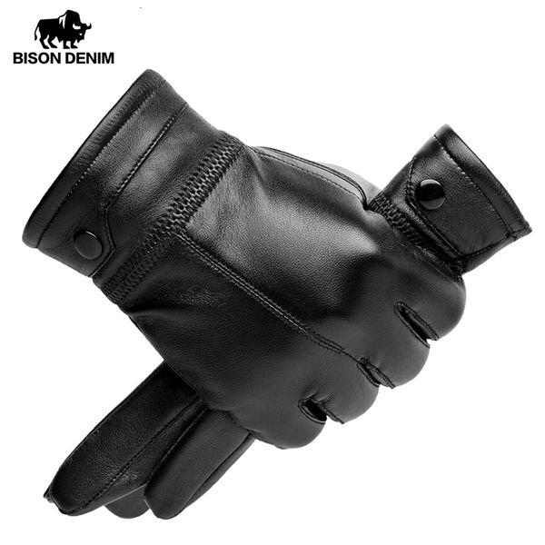 bison denim men genuine sheepskin leather gloves windproof thermal warm touchscreen glove winter warm mittens lj201221, Blue;gray