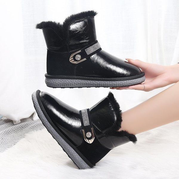 snow boots for women 2020 winter fashion chunky ankle boots patent leather woman platform plush ladies shoes padded, Black
