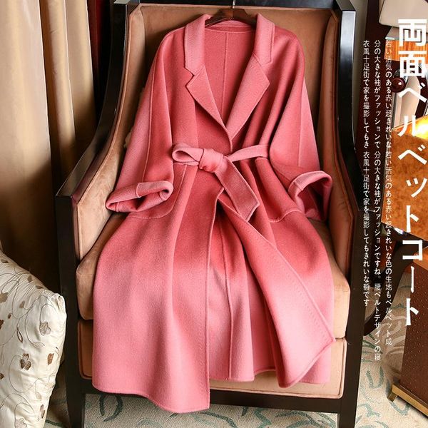 women's wool & blends pink double-sided cashmere coat women 2021 winter warm slim long coats with belt female overcoat, Black 
women's wool & blends pink double-sided cashmere coat women 2021 winter warm slim long coats with belt female overcoat, Black