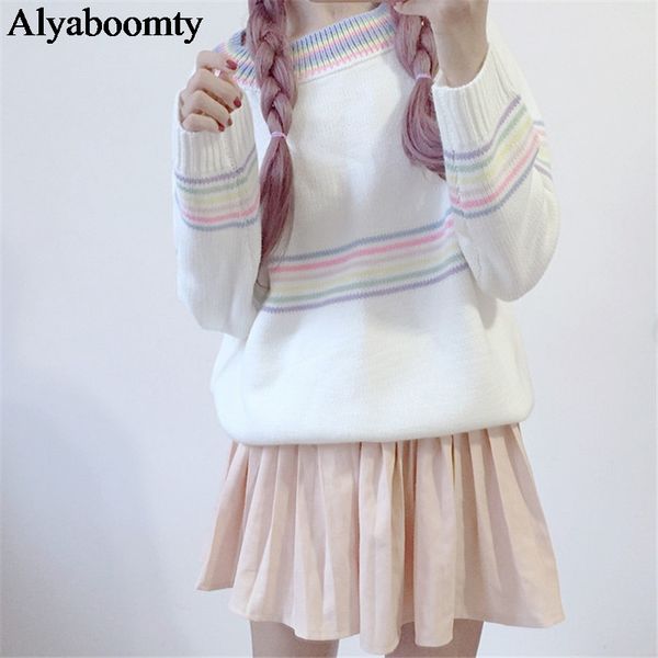candy color autumn winter women rainbow sweater o neck striped soft knitted pullover preppy style loose cute kawaii outerwear, White;black
candy color autumn winter women rainbow sweater o neck striped soft knitted pullover preppy style loose cute kawaii outerwear, White;black