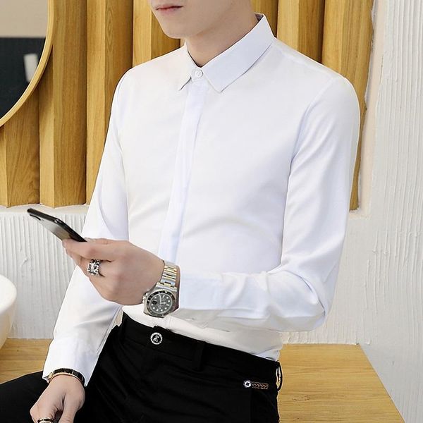 men's casual shirts dark button long-sleeved shirt trend korean version of pure white inner with smooth material suits and handsome shi, White;black
men's casual shirts dark button long-sleeved shirt trend korean version of pure white inner with smooth material suits and handsome shi, White;black