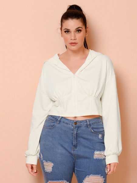 plus zip up drop shoulder crop hoodie 035j#, Black