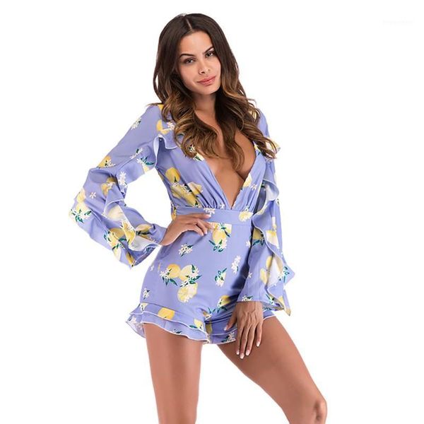 women's fashion jumpsuit deep v-neck long-sleeved playsuit fashion sweet floral print women purple playsuit1, Black;white 
women's fashion jumpsuit deep v-neck long-sleeved playsuit fashion sweet floral print women purple playsuit1, Black;white