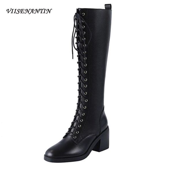 women high-heeled knight boots autumn winter new european style knee-length thick-heeled round toe front lace-up leather boots, Black
women high-heeled knight boots autumn winter new european style knee-length thick-heeled round toe front lace-up leather boots, Black