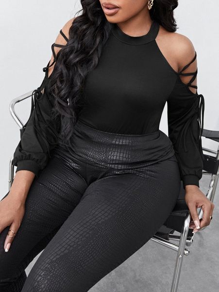sxy plus lace up side cold shoulder tee y5ov#, Black