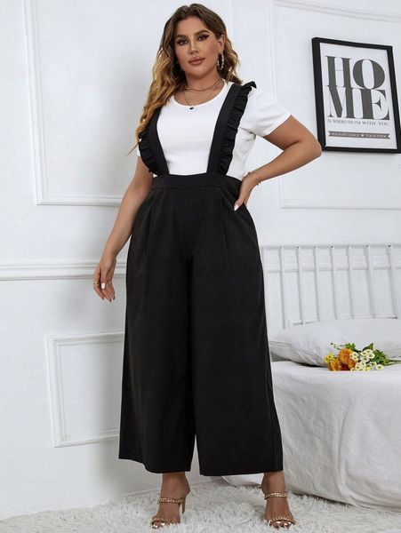 plus ruffle trim suspender jumpsuit without n989#, Black