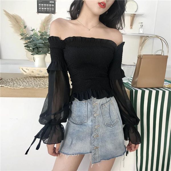 women's blouses & shirts black solid vintage chiffon off shoulder slash neck women slim long sleeve see-through sunscreen blusas gd653, White
women's blouses & shirts black solid vintage chiffon off shoulder slash neck women slim long sleeve see-through sunscreen blusas gd653, White