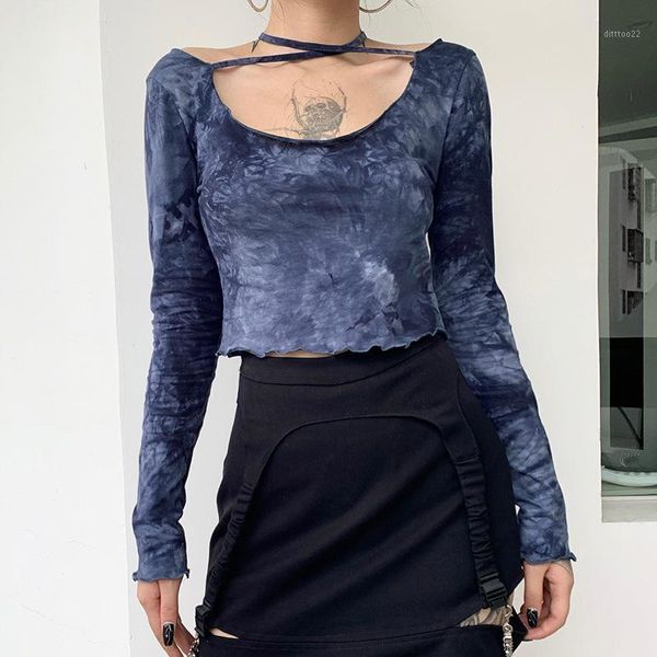 women's t-shirt women's lace-up hanging neck tie-dye long-sleeved bottoming slimming navel retro round women1, White
women's t-shirt women's lace-up hanging neck tie-dye long-sleeved bottoming slimming navel retro round women1, White