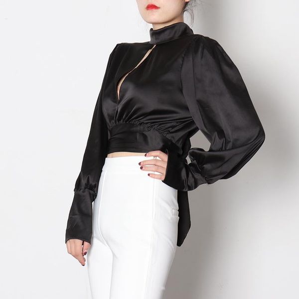women's blouses & shirts polyester solid long sleeve women blouse blackless lace-up hollow out turtleneck lantern defined waist lady, White
women's blouses & shirts polyester solid long sleeve women blouse blackless lace-up hollow out turtleneck lantern defined waist lady, White