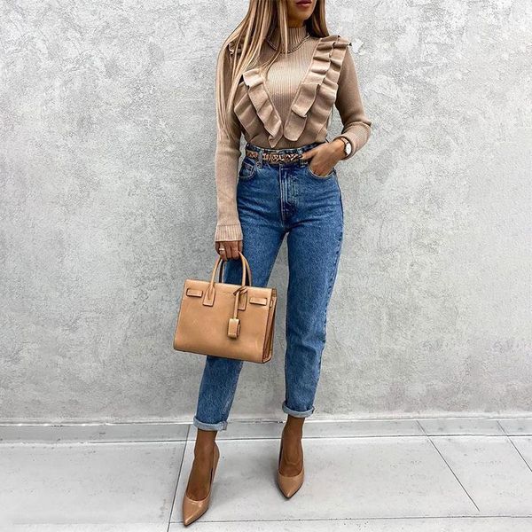 women's sweaters ruffles mock neck knitted sweater long sleeve solid coffee slim office lady elegant pullover 2021 spring 1215dh, White;black
women's sweaters ruffles mock neck knitted sweater long sleeve solid coffee slim office lady elegant pullover 2021 spring 1215dh, White;black