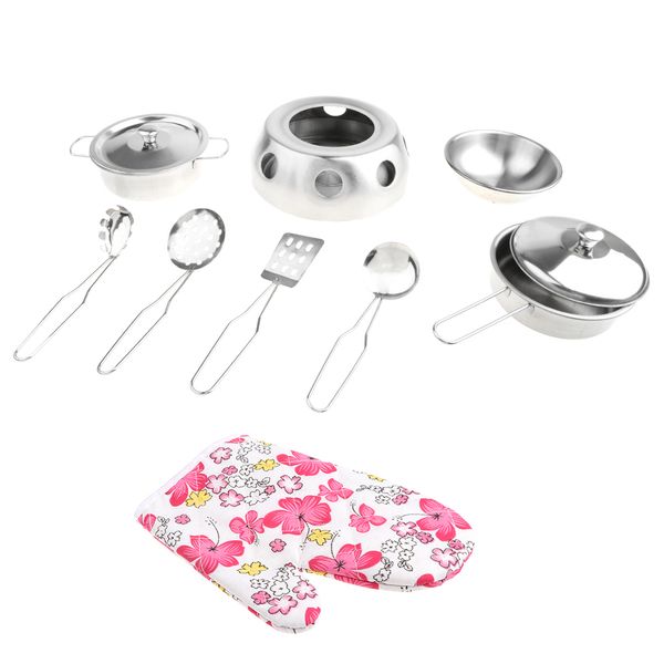 set of 11pcs mini stainless steel cookware utensil glove set kids kitchen cooking play tool kits -#2 
set of 11pcs mini stainless steel cookware utensil glove set kids kitchen cooking play tool kits -#2