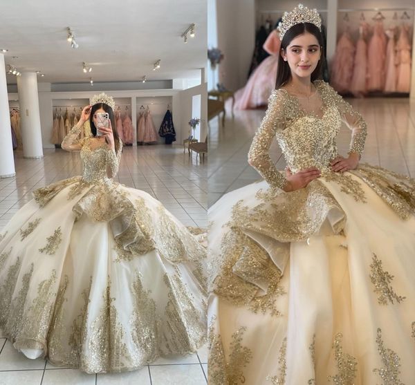 2022 glittery chapel train champagne wedding dresses ball gown bride long sleeves pearls gold applique formal bridal dress, White
2022 glittery chapel train champagne wedding dresses ball gown bride long sleeves pearls gold applique formal bridal dress, White