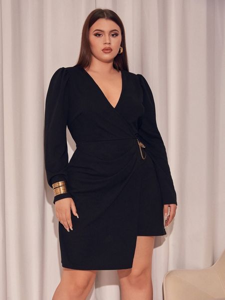 plus chain detail ruched wrap dress o7hc#, Black