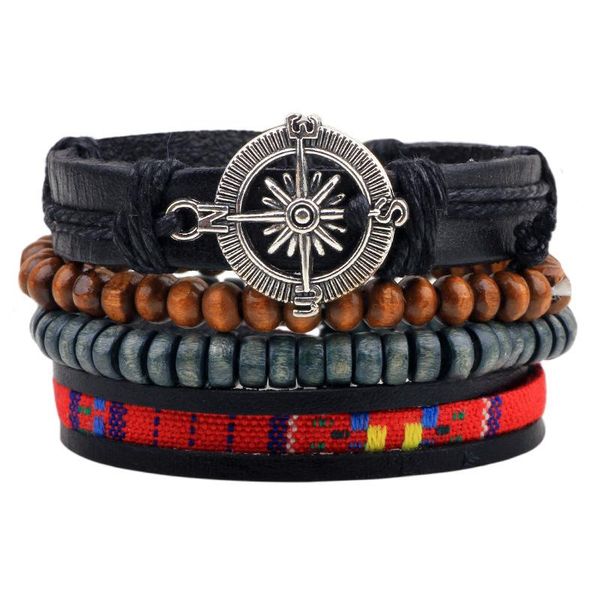 4pcs/set handmade hippie punk black leather rope cord brown blue wood bead compass charm stackable wrap bracelets for man, Golden;silver
4pcs/set handmade hippie punk black leather rope cord brown blue wood bead compass charm stackable wrap bracelets for man, Golden;silver