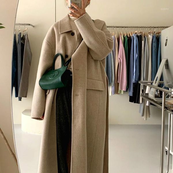women winter vintage beige loose long wool coat jacket turn-down collar woolen overcoat with belt cardigan outerwear1, Black
women winter vintage beige loose long wool coat jacket turn-down collar woolen overcoat with belt cardigan outerwear1, Black