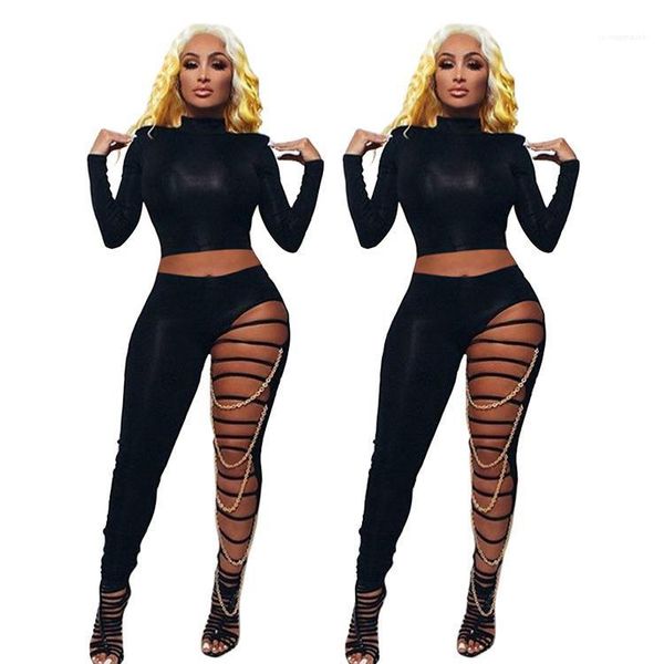 out skinney 2pcs set fashion casual suits women clothing womens two piece pants hole hollow, White