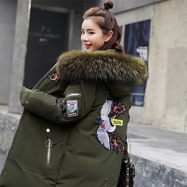 new down cotton jacket winter solid color fur embroidery collar women's coat thick warm over knee outerwear zf102, Black
new down cotton jacket winter solid color fur embroidery collar women's coat thick warm over knee outerwear zf102, Black
