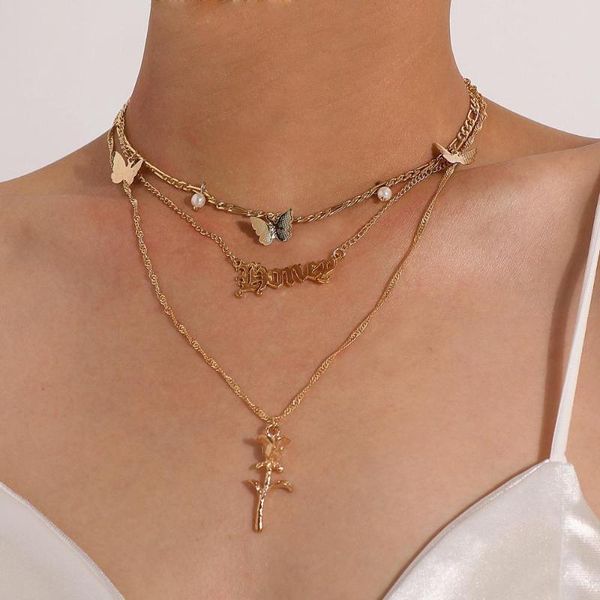gothic butterfly necklace for women layered gold color chains choker rose flower letter pedant women's neckalce 2021 trendy, Silver 
gothic butterfly necklace for women layered gold color chains choker rose flower letter pedant women's neckalce 2021 trendy, Silver