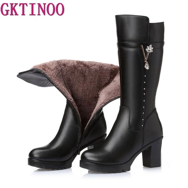 boots gktinoo knee women genuine leather winter comfortable warm fur long heels shoes, Black