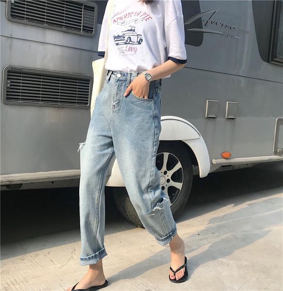 women's jeans hole straight womens washed high waisted korean denim fashion feminino, Blue
women's jeans hole straight womens washed high waisted korean denim fashion feminino, Blue