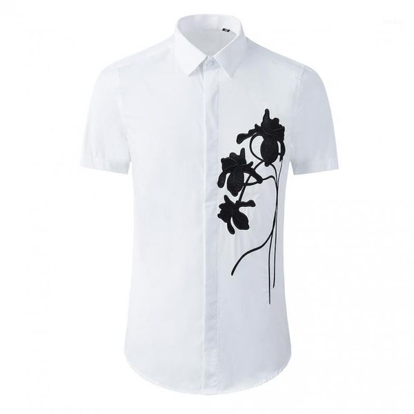 new white mens shirts luxury short sleeve rose embroidery casual male shirts fashion slim fit party club man 3xl1, White;black
new white mens shirts luxury short sleeve rose embroidery casual male shirts fashion slim fit party club man 3xl1, White;black