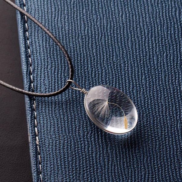 мода цепь кожи ожерелья природного одуванчик семенного образец стекло ожерелье шарма женщина овального время gem ожерелье bbyrwu bdehome, Black