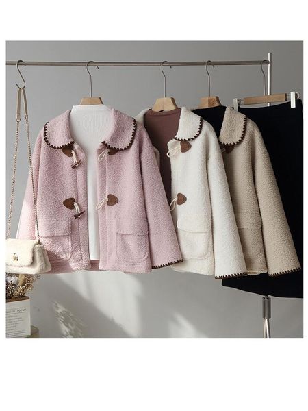 women's fur & faux 2021 preppy style lamp wool jacket doll collar horn button winter clothes woman parka coats fashion female, Black
women's fur & faux 2021 preppy style lamp wool jacket doll collar horn button winter clothes woman parka coats fashion female, Black