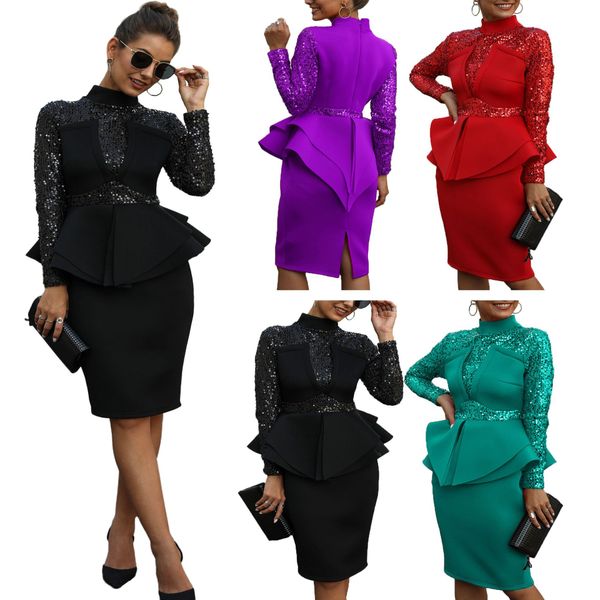 km8058 new european and american womens clothing sequins dress long sleeve ruffled evening dress independent stand, White;black
km8058 new european and american womens clothing sequins dress long sleeve ruffled evening dress independent stand, White;black