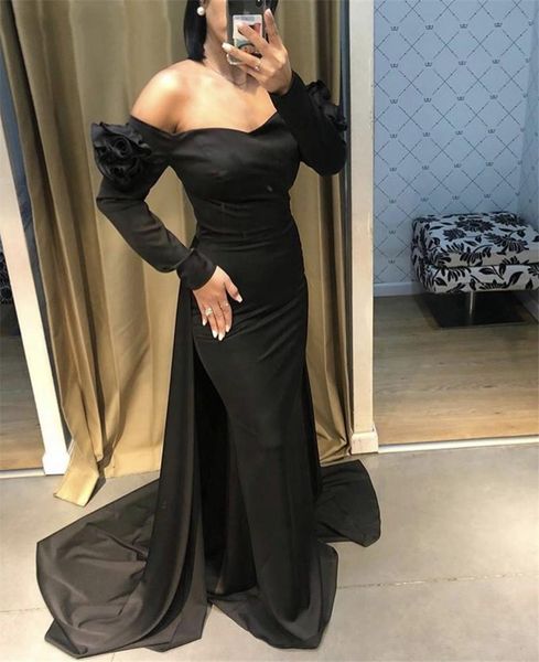 black off the shoulder long sleeves mermemaid evening dresses sweep train satin formal prom party gowns plus size, Black;red
black off the shoulder long sleeves mermemaid evening dresses sweep train satin formal prom party gowns plus size, Black;red
