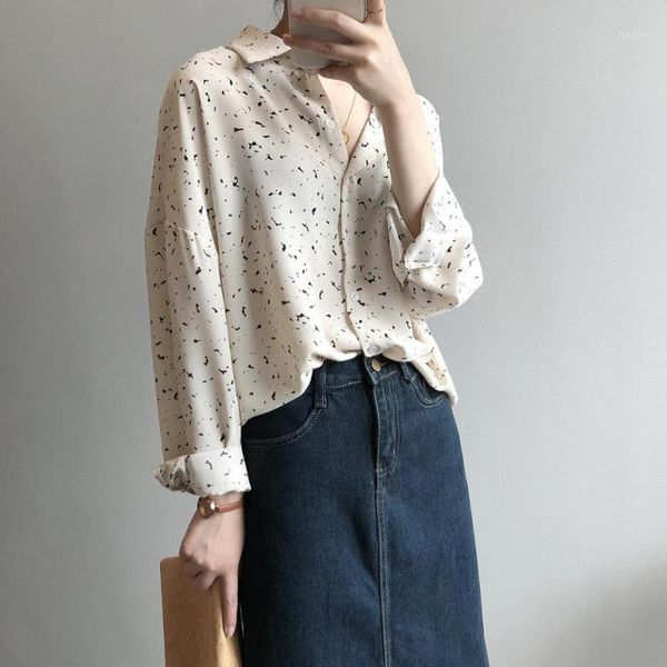 chiffon blouse women 2020 spring chic splash-ink floral print loose vintage beige black1, White 
chiffon blouse women 2020 spring chic splash-ink floral print loose vintage beige black1, White