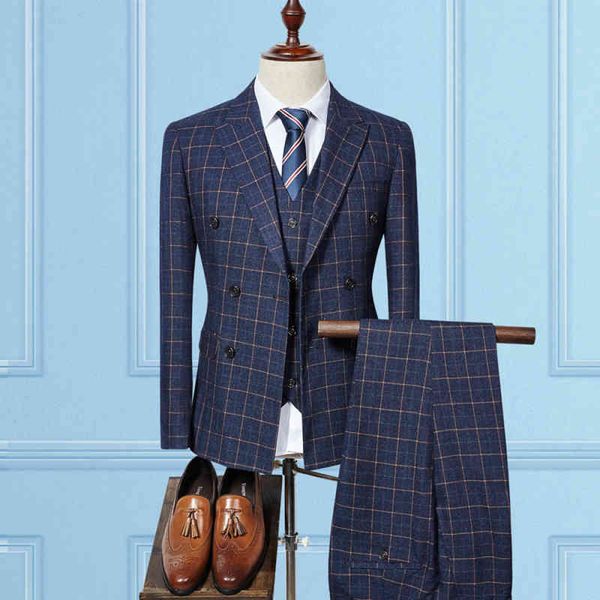fashion trend male double breasted suit style version british plaid piece sets groom wedding takim elbise 0v63, White;black
fashion trend male double breasted suit style version british plaid piece sets groom wedding takim elbise 0v63, White;black