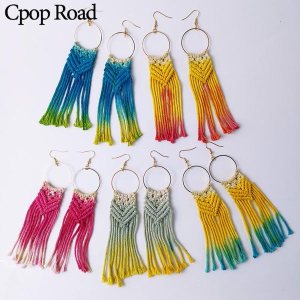 cpop colorful cotton thread weave macrame earrings geometric hollow circle long tassel pendant earring women accessories jewelry, Silver 
cpop colorful cotton thread weave macrame earrings geometric hollow circle long tassel pendant earring women accessories jewelry, Silver