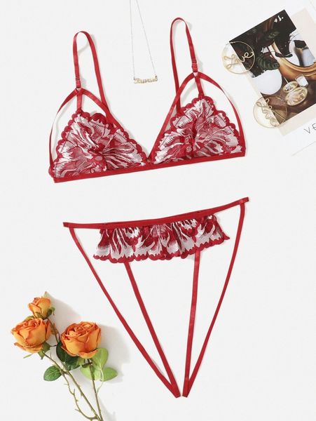 plus floral lace cut out lingerie set y9r4#, Black;white