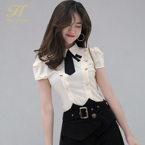h han queen summer women elegant ol work wear shirts new bow double-breasted blouses formal business shirt ins fitted y200622, White
h han queen summer women elegant ol work wear shirts new bow double-breasted blouses formal business shirt ins fitted y200622, White