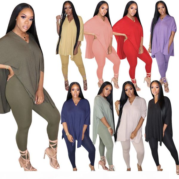 women summer fall 2 two piece outfits set solid color split v neck loose t shirt skinny leggings pants tracksuits suits casual clothing, Gray
women summer fall 2 two piece outfits set solid color split v neck loose t shirt skinny leggings pants tracksuits suits casual clothing, Gray