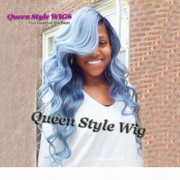 synthetic lace front wig for women light blue ombre hair dark roots heat resistant body wave fashion curly hair wig, Black
synthetic lace front wig for women light blue ombre hair dark roots heat resistant body wave fashion curly hair wig, Black