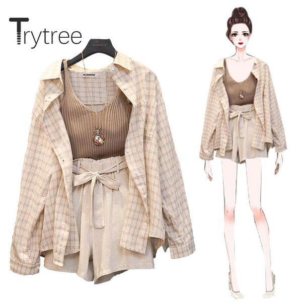 trytree spring summer women three piece sets casual turn-down collar plaid + shorts wide leg pants suit set 3 piece set, Gray
trytree spring summer women three piece sets casual turn-down collar plaid + shorts wide leg pants suit set 3 piece set, Gray