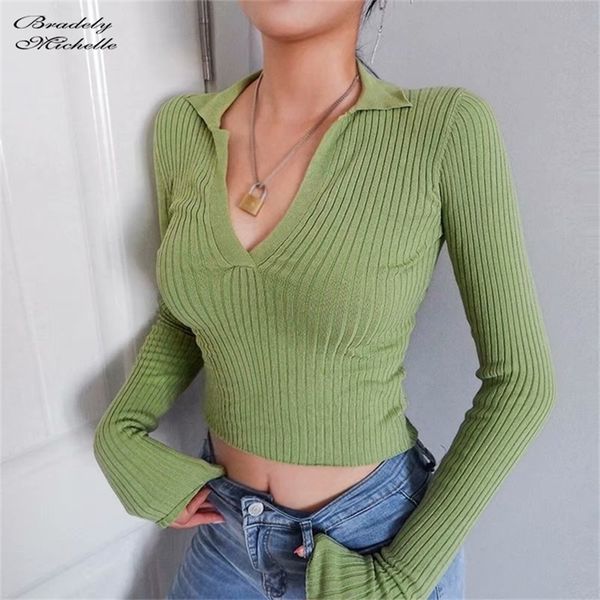 bradely michelle autumn women fashion long-sleeve deep v-neck sweaters big elastic knitted crop y200910, White;black 
bradely michelle autumn women fashion long-sleeve deep v-neck sweaters big elastic knitted crop y200910, White;black