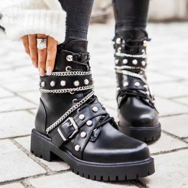 2021 new winter women chains pearls lace-up pu leather women's zipper mid-calf wee platform motorcycle boots pkvg, Black
2021 new winter women chains pearls lace-up pu leather women's zipper mid-calf wee platform motorcycle boots pkvg, Black