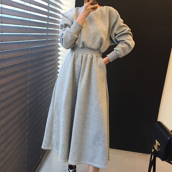 new spring winter elegant solid women dresses high elastic waist casual long sleeve plus velvet warm dress female 201008, Black;gray
new spring winter elegant solid women dresses high elastic waist casual long sleeve plus velvet warm dress female 201008, Black;gray