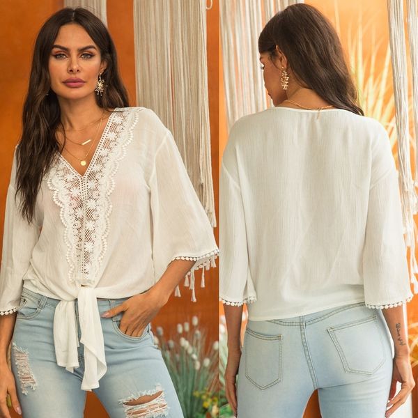 hqwc4 new stitching vacation lacelace lacelace tie knot v-neck solid color style casual shirt bxwmh women for, White 
hqwc4 new stitching vacation lacelace lacelace tie knot v-neck solid color style casual shirt bxwmh women for, White